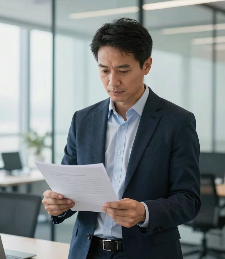 A professional consultant in a bright, modern glass-walled office in North American / US, reviewing documents with a calm and knowledgeable expression. Lighting is soft and professional.