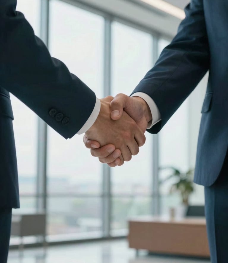 A close-up of a professional handshake in a modern North American office lobby with large windows. The lighting is bright and natural, reflecting a sense of trust and partnership. The attire is business casual in dark teal and white tones.