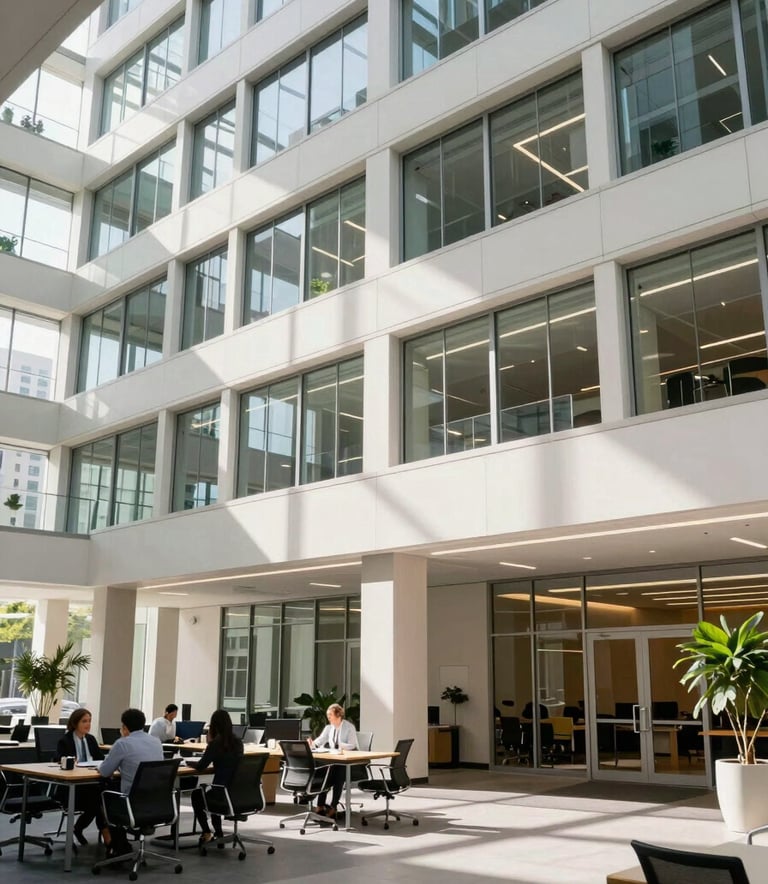A wide-angle photography shot of a bright, modern corporate building interior in Bothell, Washington, featuring clean lines and a feeling of stability and growth. North American / US office setting with professional attire and natural lighting.