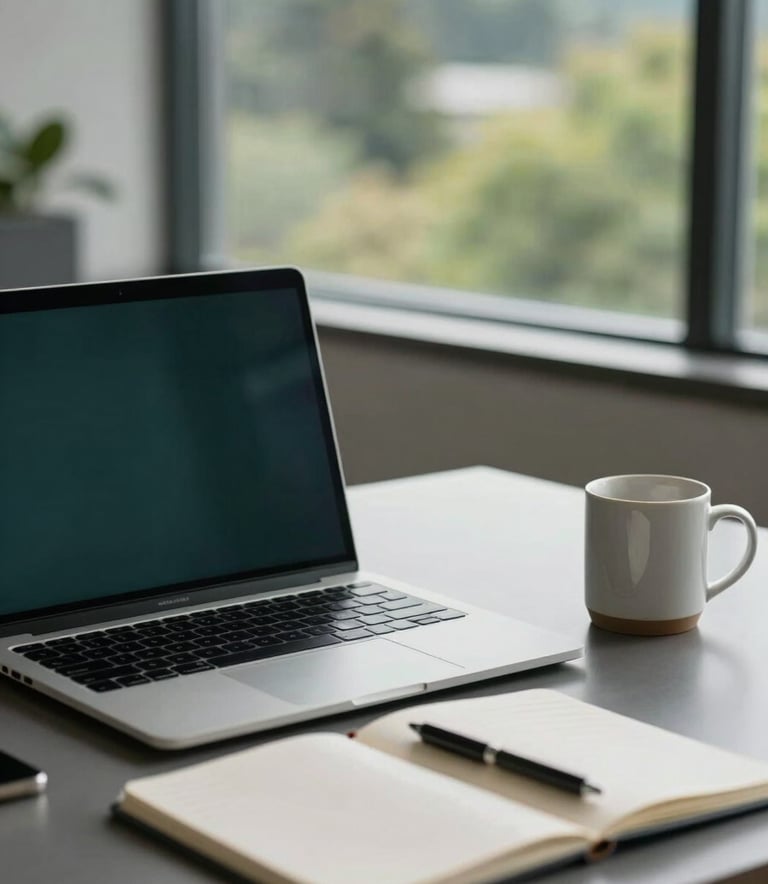 A professional and modern office desk in Bothell, Washington, featuring a high-end laptop, a clean notebook, and a ceramic mug. The background shows a soft-focus view of North American greenery through a window. Palette colors include deep forest teal and soft grays.