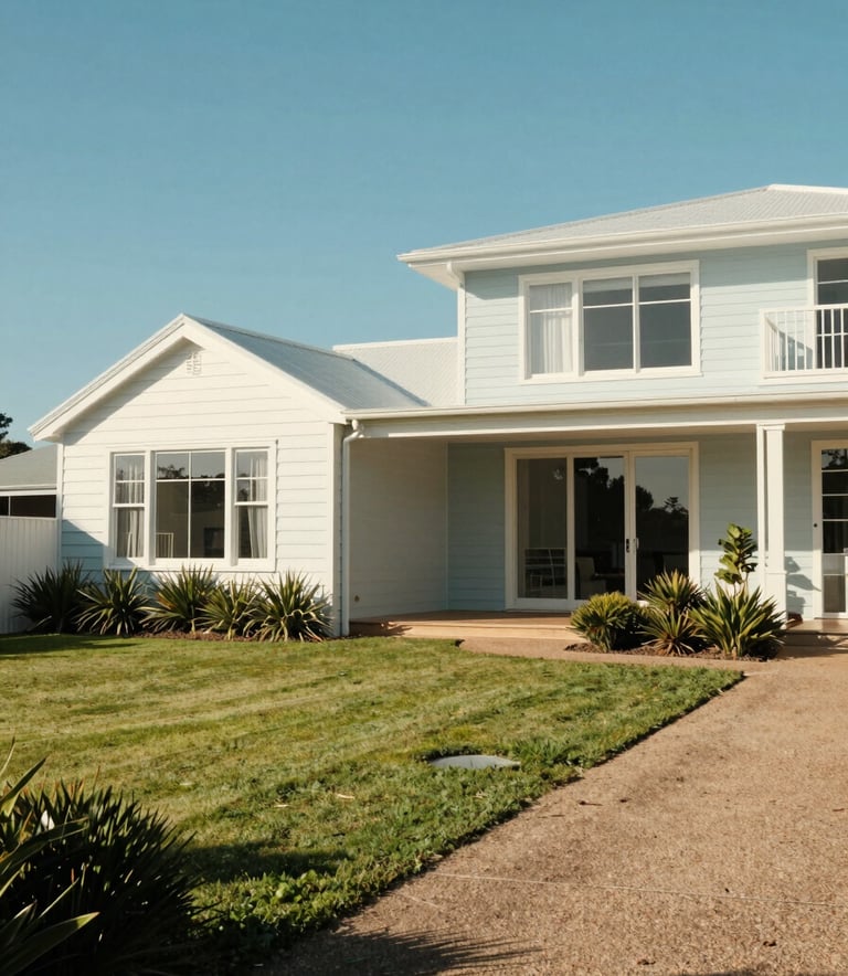 Photography of a stunning Australian holiday home exterior on the Bellarine Peninsula during a clear, sunny day. The architecture is modern and coastal, with pale blue-white walls. The driveway and garden are perfectly manicured, projecting a sense of pristine maintenance.