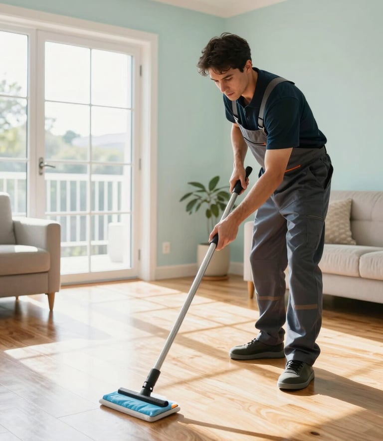 Photography of a professional cleaner in a modern Australian home, seen from the side as they tidy a bright, airy living room. Sunlight spills through large windows, highlighting the spotless wooden floors. The setting is clean and tranquil, featuring soft mint and pale blue-white accents in the decor.