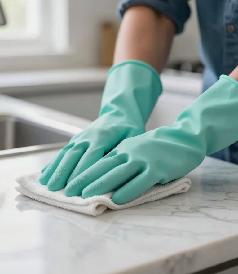 Close-up of a professional cleaner's hands in light teal gloves wiping a polished marble countertop in a bright Australian kitchen, shallow depth of field, sharp and clean.