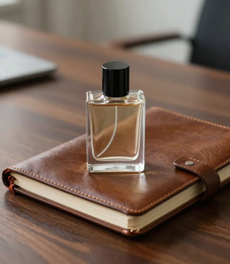 A refined, close-up shot of a minimalist glass perfume bottle and a vintage leather-bound notebook resting on a dark walnut desk. Elegant lighting, North American / US executive office setting, colors featuring tobacco browns and off-white.