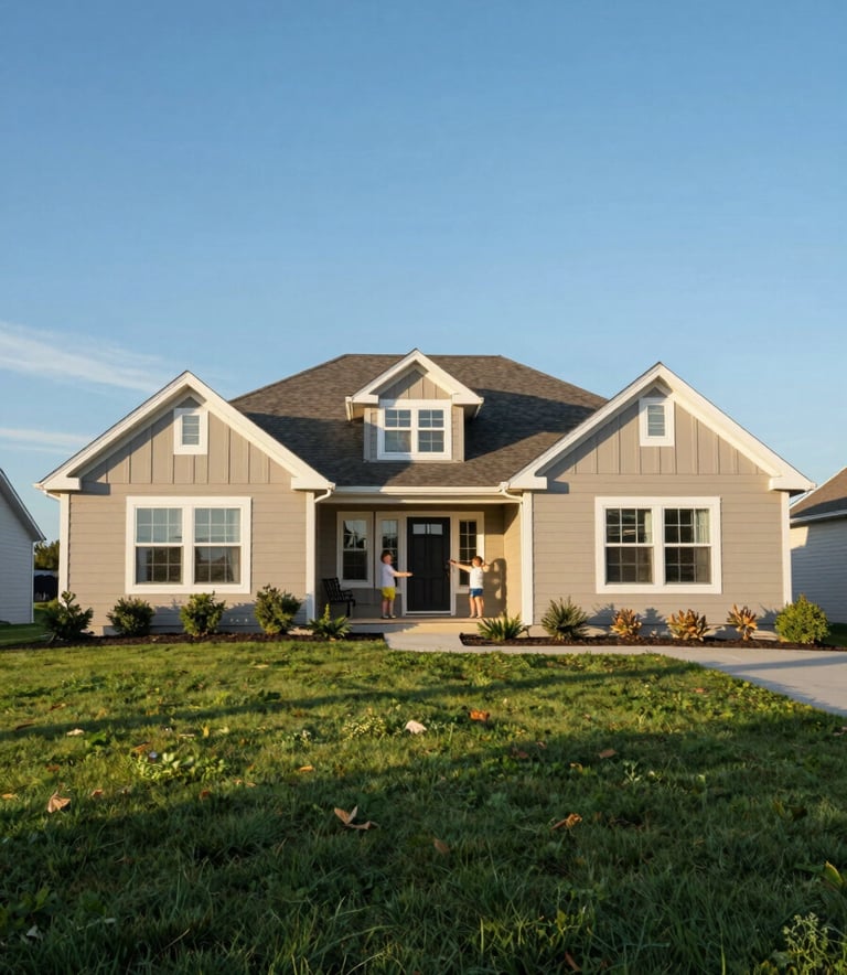 A daytime, wide-angle photograph of a charming North American family home with a clean lawn and clear blue sky, emphasizing a stress-free and efficient real estate transition.