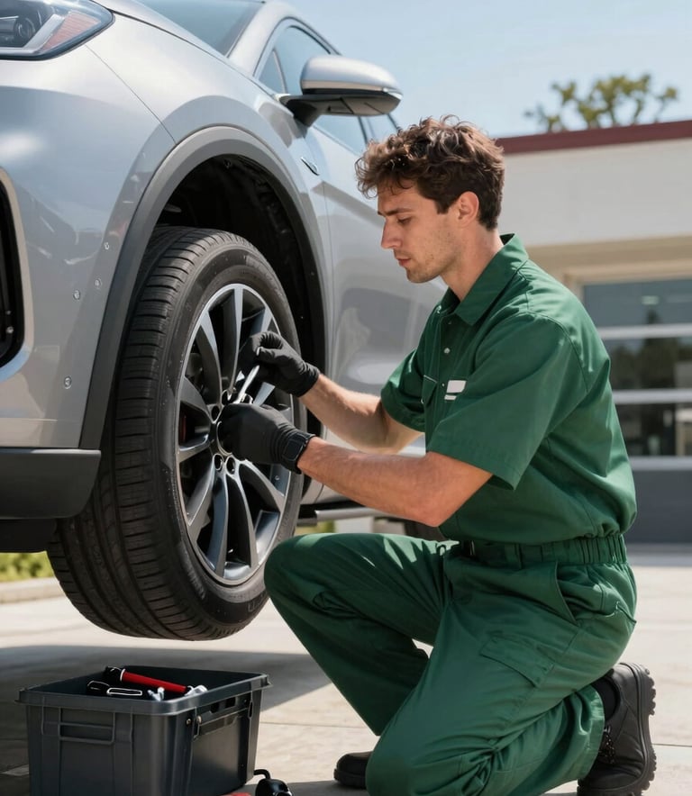 A professional North American technician wearing a matte forest green uniform, performing light mechanical repairs on a modern silver vehicle. Bright, clear daylight on a professional driveway, with tools neatly organized. The composition is clean and focused on efficient service.