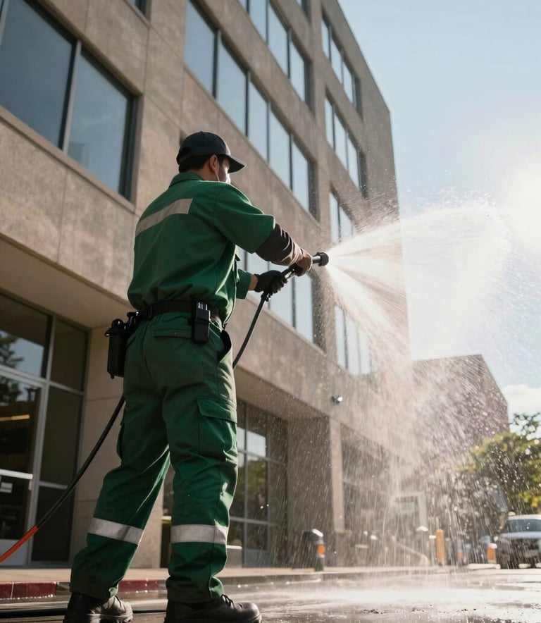 A low-angle shot of a professional worker pressure washing a commercial office building in a North American / US business district, water mist catching the morning sunlight, matte forest green accents on the worker's uniform.