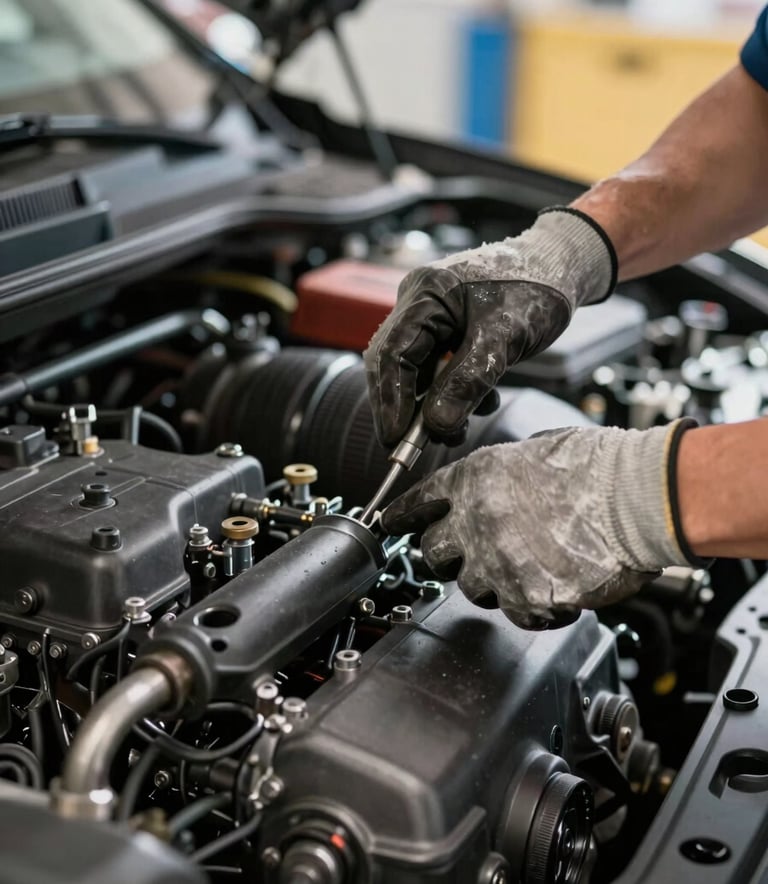 A close-up photograph of a professional mechanic's gloved hands using high-quality tools to work on a modern car engine, clean and well-lit North American / US garage setting, shallow depth of field.