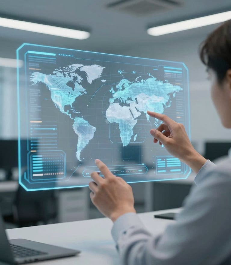 An over-the-shoulder view of a professional working on a high-resolution holographic interface in a clean, futuristic corporate office, International / Global setting.