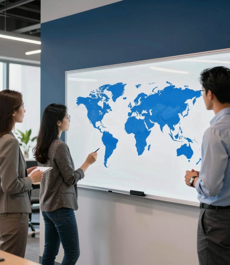 A group of professional innovators in business casual attire working around a digital whiteboard in a brightly lit, modern office with navy blue accents. International / Global style.