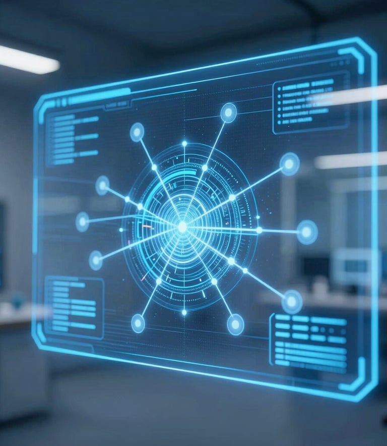 A close-up of a high-tech holographic projection of a complex software network. The lighting is dominated by bright blue and navy hues, set in a sleek, minimalist modern research facility. International / Global professional setting.