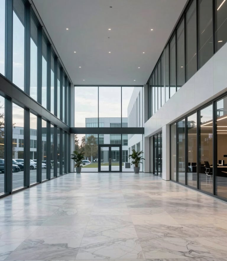 Photography of a minimalist office lobby in a German business district, with high ceilings, large glass windows, and a professional atmosphere, in morning light with soft blue tones and off-white marble floors.