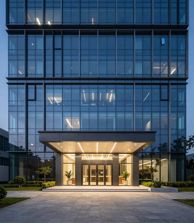 A professional photography of a modern technology office building in North India during the blue hour. The building's glass facade reflects a Midnight Blue sky, and the entrance is bright and welcoming with clean, minimalist landscaping.