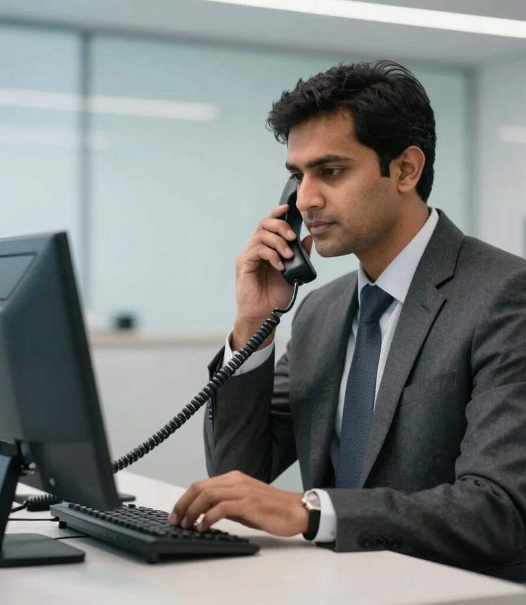 A professional South Asian man in a business suit working in a high-tech corporate office, using a modern IP desk phone with a clean, light blue and white interior background.