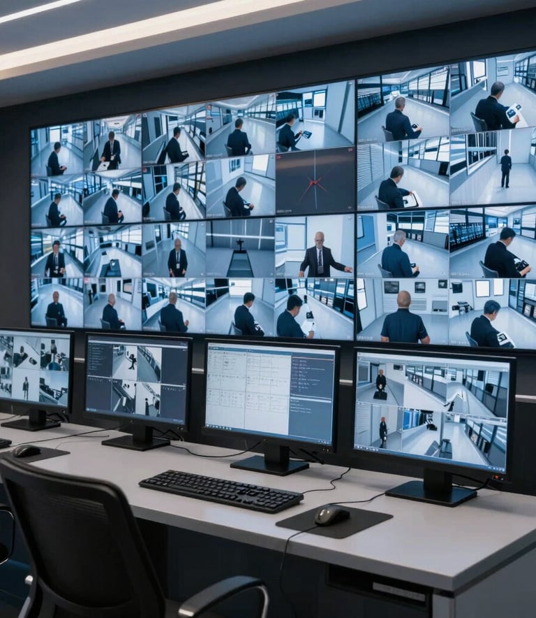 High-tech security control room with multiple high-definition monitors showing live surveillance feeds, featuring a clean blue and dark palette, modern workstation aesthetics.