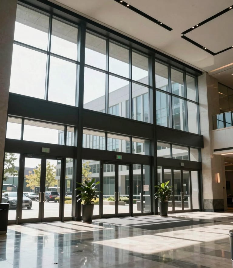 A photography shot from the interior of a spacious, high-ceilinged lobby in a North American corporate headquarters. Large-scale glass doors lead to a sunlit exterior, emphasizing transparency and reliability.