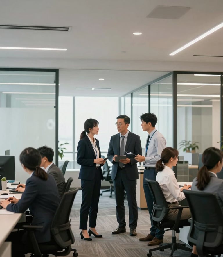 A high-quality photography shot of professional staff in business attire collaborating in a bright, modern open-plan office with high ceilings and glass walls. The scene reflects a North American corporate environment with clean lines and a professional atmosphere, illuminated by soft natural light.