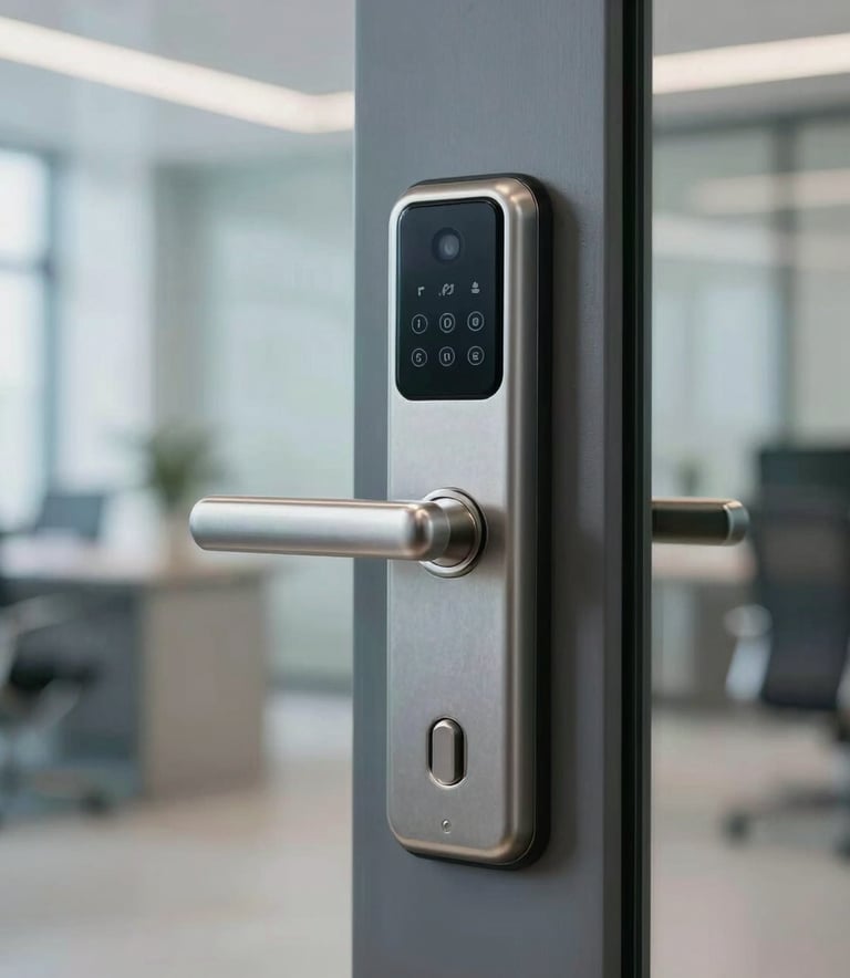 A close-up photograph of a sophisticated electronic door lock and sleek metal handle on a glass door in a modern North American office building. The lighting is bright and clean with accents of light grey and dark blue grey.