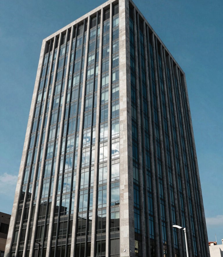 A professional architectural photograph of a modern corporate office building in Bogotá, reflecting the blue sky, symbolizing the stability and reliability of professional energy services.