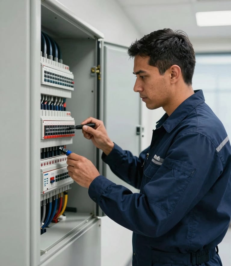 A South American technician in a professional navy blue uniform inspecting an electrical panel in a corporate office building in Colombia, soft daylight, sharp focus on the control panel, modern tools, expert composition.