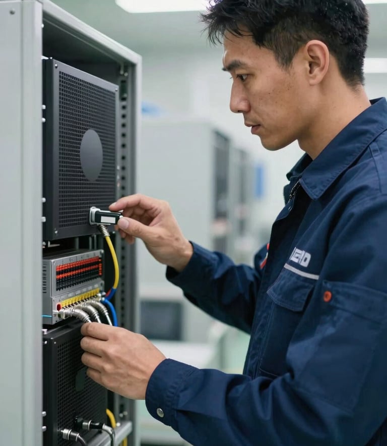 A close-up photograph of a professional engineer in a modern technical uniform inspecting a high-capacity UPS system in a clean, brightly lit industrial facility in Bogotá. The scene features soft light and a focus on technical precision, with a color palette of deep blue and silver accents.