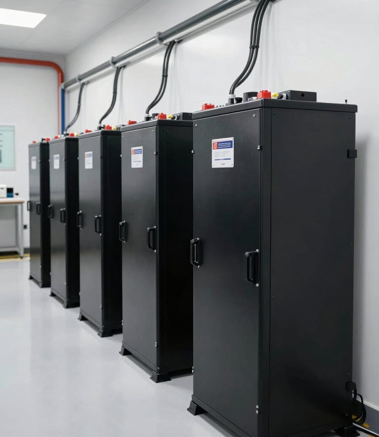 A row of sleek, black industrial lithium battery banks installed against a white wall in a clean South American industrial facility, well-organized cabling, high-key lighting, professional engineering aesthetic.