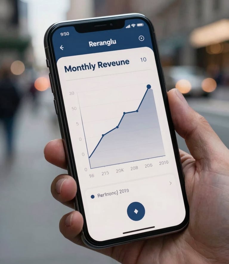 A close-up photograph of a smartphone screen displaying a sleek digital dashboard with a monthly revenue graph. The phone is held by a hand in a North American / US urban setting, with blurred city lights in the background. The lighting is crisp and modern, featuring midnight blue and off-white accents.