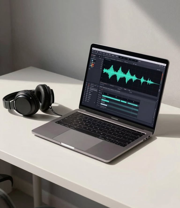 A high-end lifestyle shot of a minimalist home studio setup in a North American / US apartment. A laptop is open showing AI music software with waveforms. A pair of professional headphones rests on a sleek off-white desk. The lighting is bright and airy, with soft gray shadows.