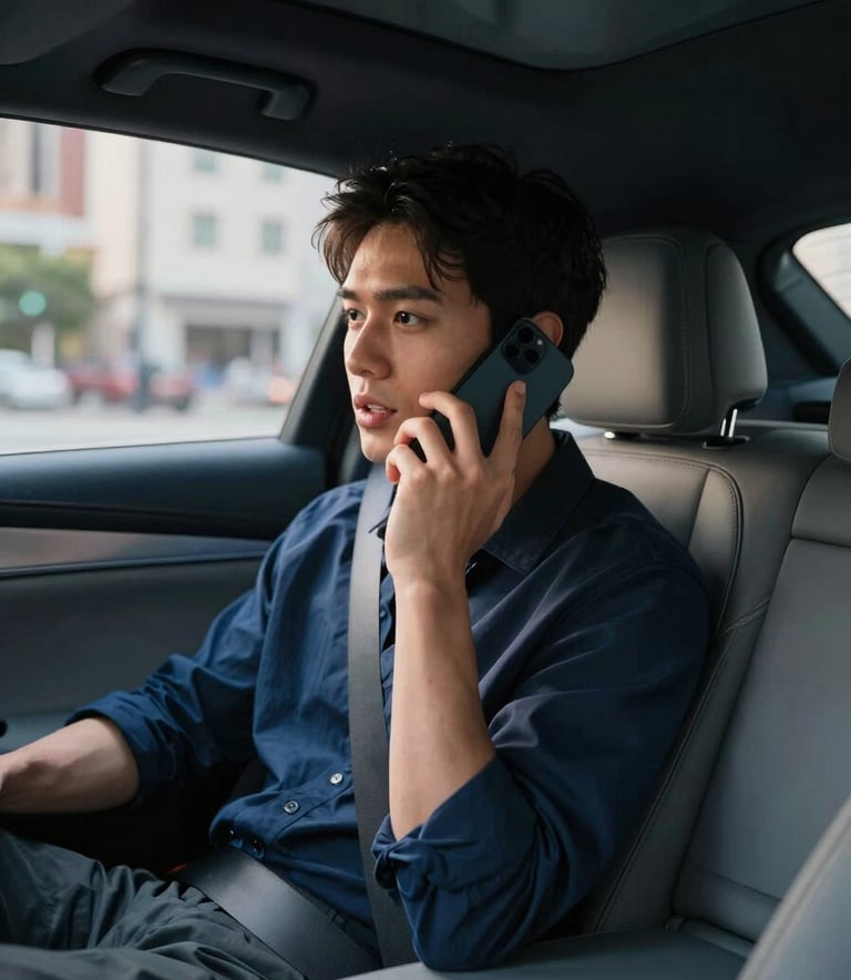 Photography of a person sitting in the passenger seat of a sleek rideshare vehicle in a North American city, speaking naturally into their black smartphone. Soft afternoon light through the window, high-end car interior with midnight blue and gray tones.