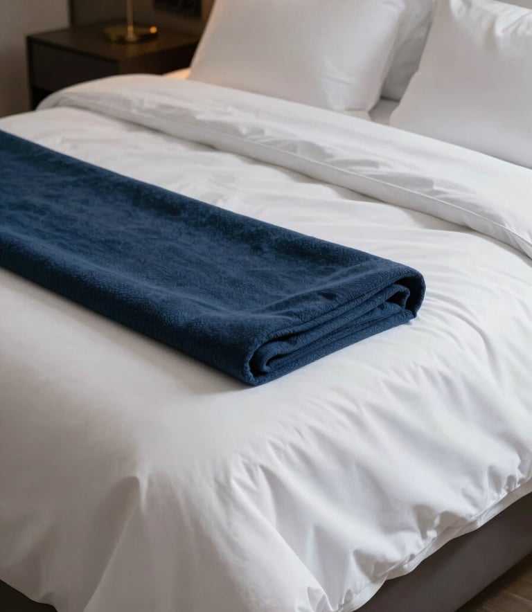 Photography of a high-end apartment bedroom with perfectly made beds. The linens are crisp, soft white, and expertly tucked in. A midnight blue throw blanket is neatly folded at the end of the bed. The atmosphere is serene and inviting, suggesting a premium guest experience.