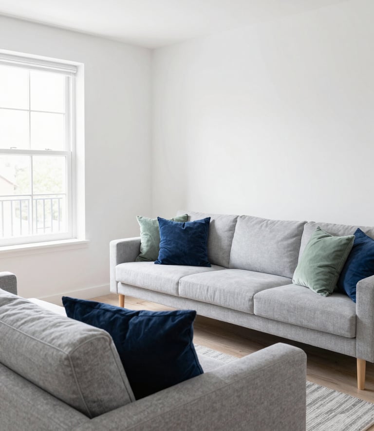 A bright and airy modern Airbnb living room in Saint-Denis, featuring light grey furniture and soft white walls. The composition is clean and minimalist, showing a space that has just been professionally cleaned. Natural light filters through large windows, highlighting the lack of dust. Colors include midnight blue pillows and sage green accents.