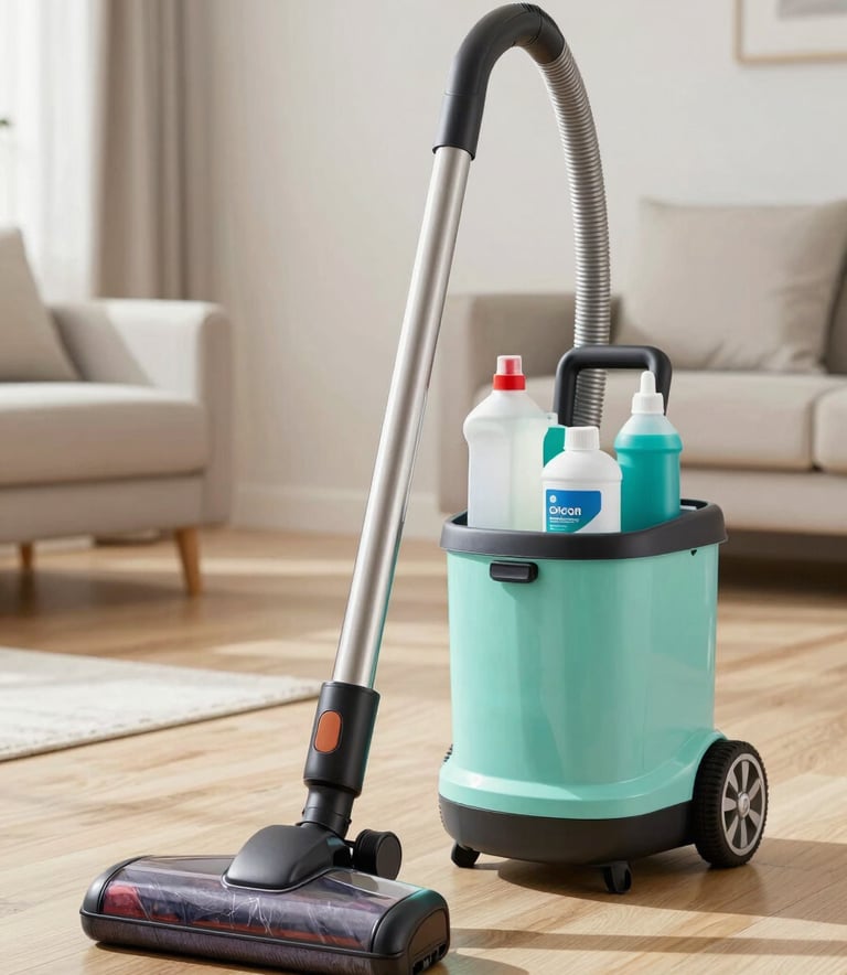 Professional cleaning equipment including a modern vacuum and eco-friendly cleaning supplies organized in a caddy, set against a clean, light wood floor in a sunlit modern apartment. Colors include soft seafoam and off-white.