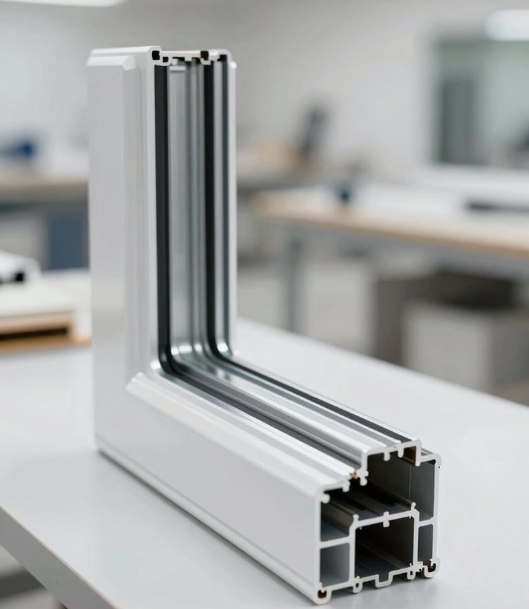 A close-up of high-quality aluminium window frames being meticulously finished in a clean, modern workshop. The lighting is bright and professional, highlighting the craftsmanship and the metallic textures of #B7A598 and #F8F5F2 hues.