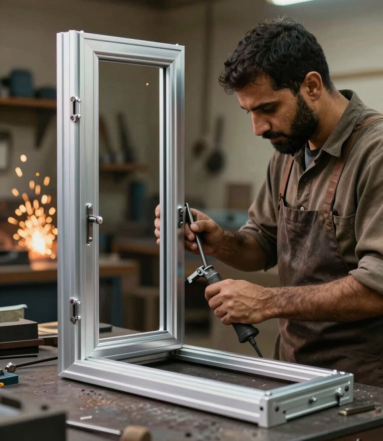 An expert metalworker in Riyadh workshop focusing on a detailed aluminium door frame, sparks softly in the background, warm professional lighting, workshop atmosphere with #6B4C38 and #B7A598 elements.