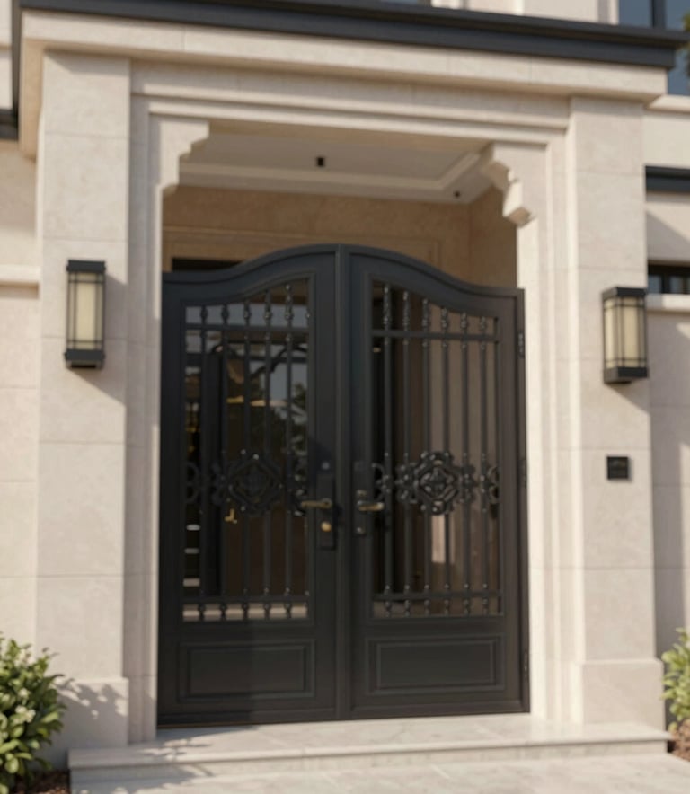 A luxury modern villa entrance featuring a heavy, custom-designed black iron gate with elegant craftsmanship, set against architectural Riyadh sunlight and neutral stone walls, reflecting brand colors #2C272E and #F8F5F2.