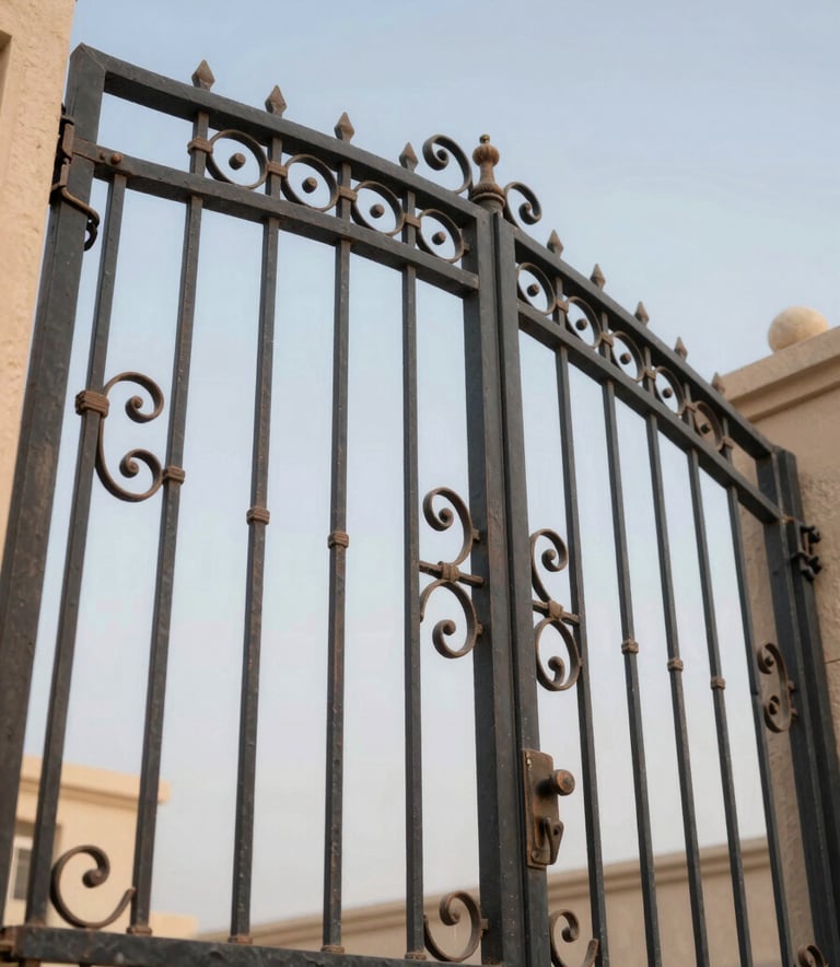 A sophisticated iron gate featuring intricate custom metalwork scrolls. The image is shot from a low angle to emphasize strength and reliability, with a professional architectural photography style. Colors include deep charcoal (#2C272E) and bronze accents (#6B4C38) against a clean Riyadh sky.