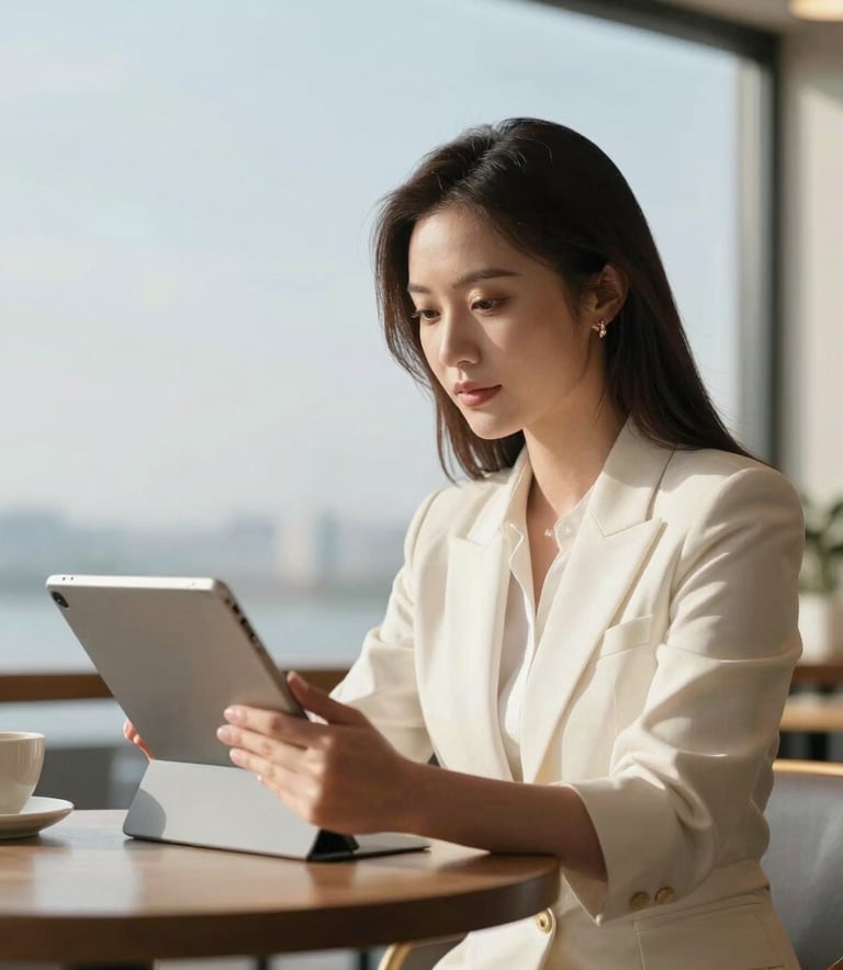 A stylish professional sitting in a modern North American / US cafe, using a tablet to organize their day, soft sky blue and off-white colors throughout the scene, energetic and convenient atmosphere, photography.