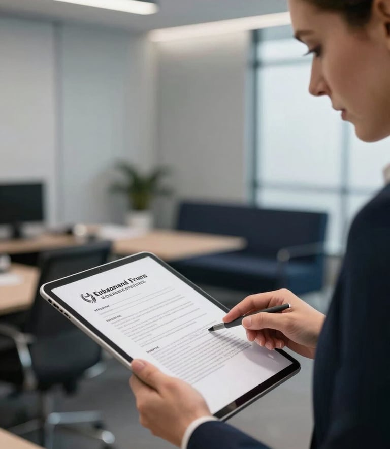 A close-up of two professionals in a high-end office setting, reviewing a document together on a tablet. The background is a soft-focus modern workspace with silver grey walls and dark navy furniture accents. The lighting is crisp and professional.