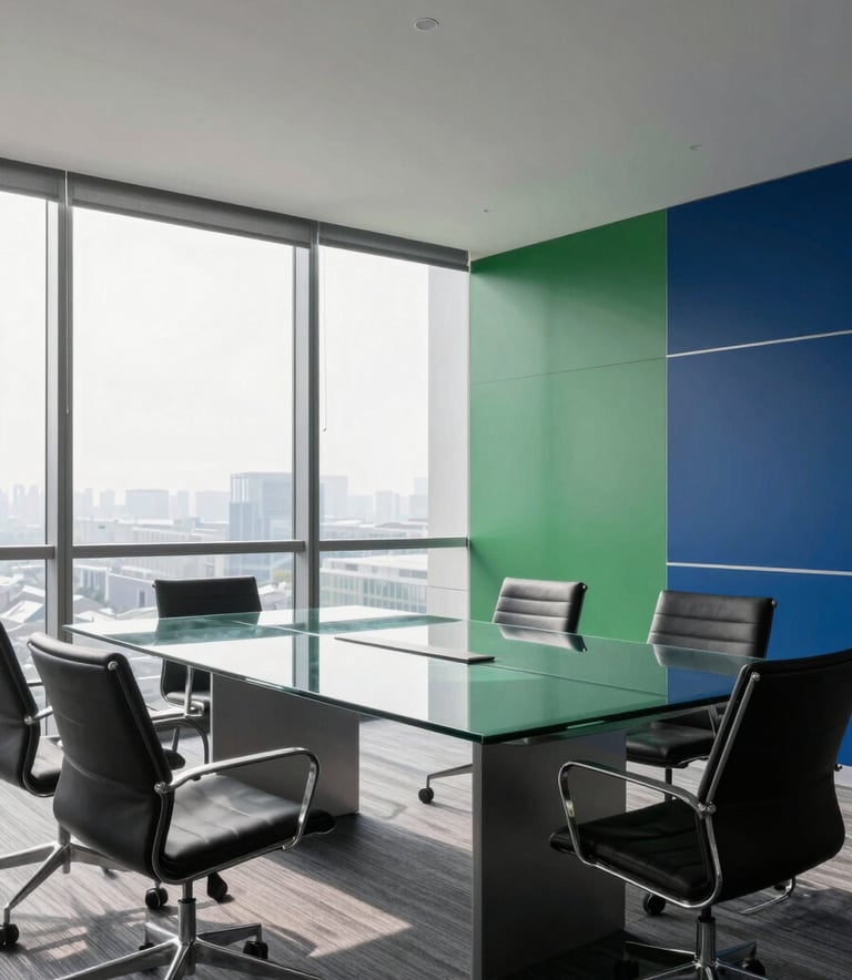 A wide-angle shot of a bright, modern corporate boardroom with a large glass table. The room features subtle accents of forest green and deep petrol blue in the decor. Soft morning light streams through floor-to-ceiling windows, creating a clean, professional atmosphere.