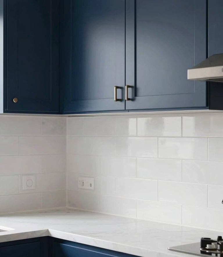 A close-up shot of a modern, minimalist kitchen with navy blue cabinetry and stunning white backsplash tile work in a North American / US residence.