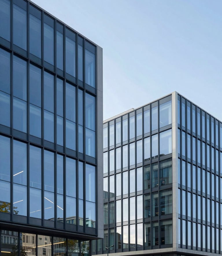 Exterior shot of a sleek, contemporary European / French office building with blue glass facades reflecting the soft blue sky. Minimalist architecture, clean lines, high-end commercial aesthetic.