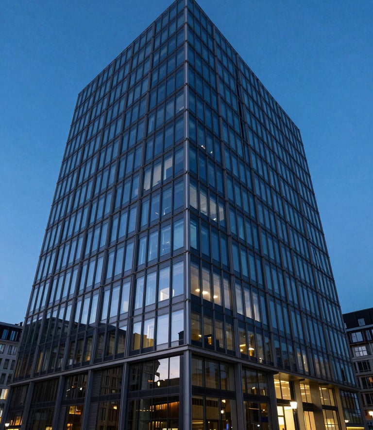 The exterior of a modern architectural building in a European / French business district at twilight, with deep royal blue sky reflections on its glass facade.