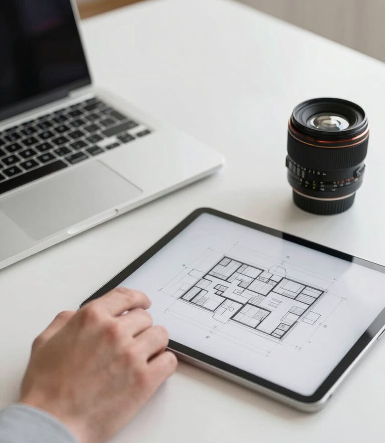 A close-up photograph of a professional's hands using a laptop and a tablet with architectural diagrams on a clean white desk in a bright European / French workspace with pale greyish-white accents.