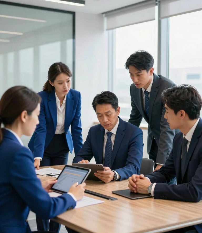 A focused group of professionals in a modern European / French corporate boardroom, collaborating over a tablet. They are dressed in smart business attire in royal blue and dark navy tones. The atmosphere is professional and bright with natural light from large windows.