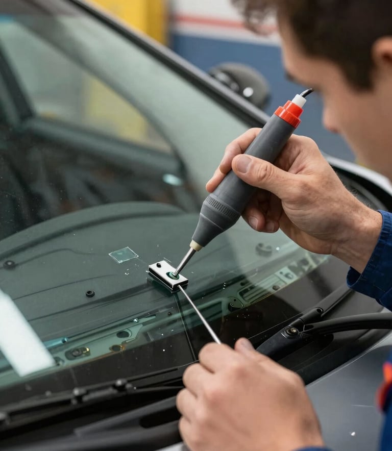 A close-up high-resolution photograph of a professional technician in a clean uniform using precision vacuum tools to repair a chip in a car windshield. The lighting is bright and clear, emphasizing the transparency of the glass and the quality of the resin tools in a North American / US garage setting.