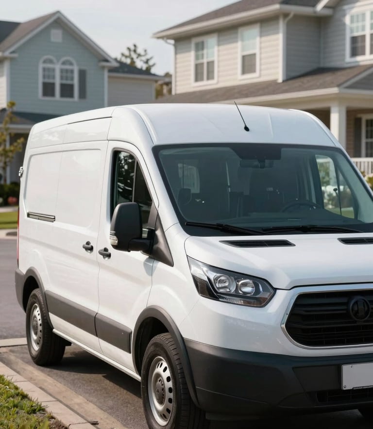 A professional white service van for glass repair parked in a quiet North American / US residential neighborhood during a bright morning. The van is pristine and modern, reflecting a sense of reliability and mobile convenience against a backdrop of clean suburban architecture.