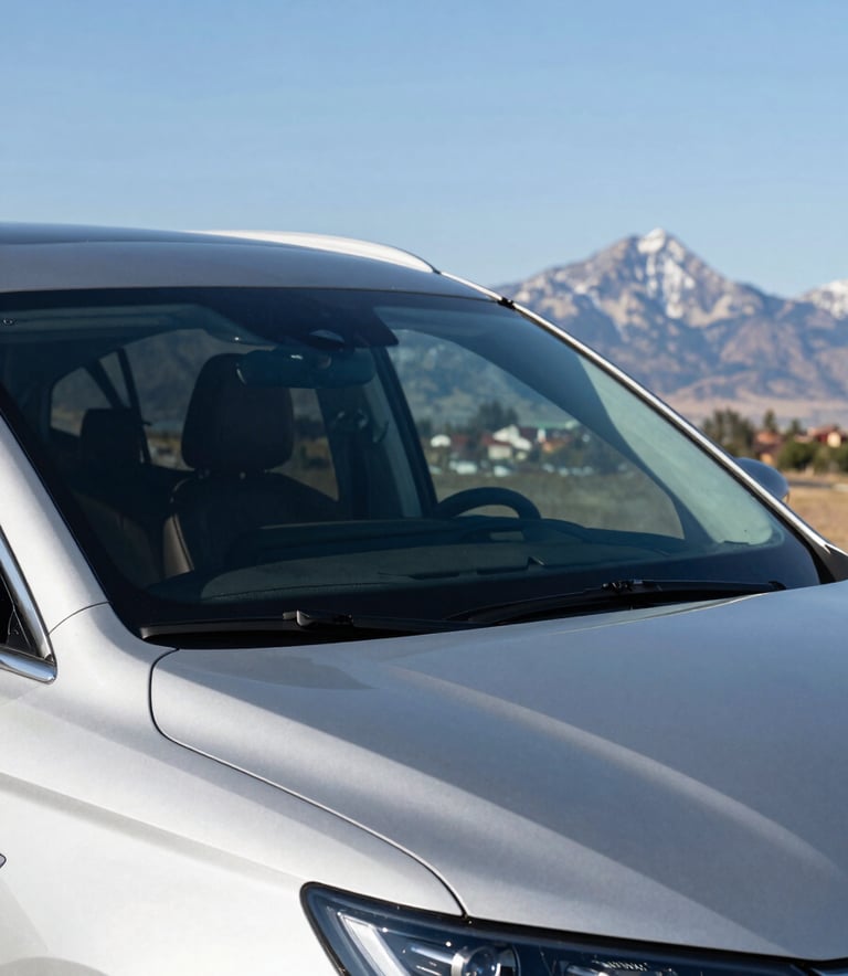 A pristine, newly replaced windshield on a modern luxury SUV, reflecting the clear blue sky and a distant mountain peak in a North American setting.