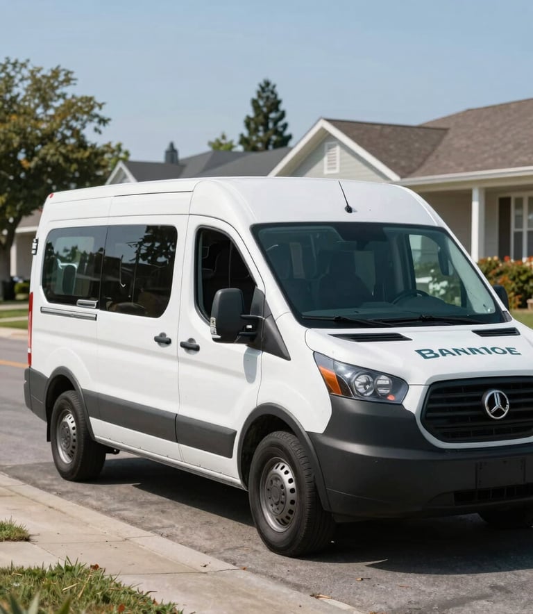 A branded mobile glass repair service van parked on a clean North American suburban street during a bright, clear day, professional and reliable atmosphere.