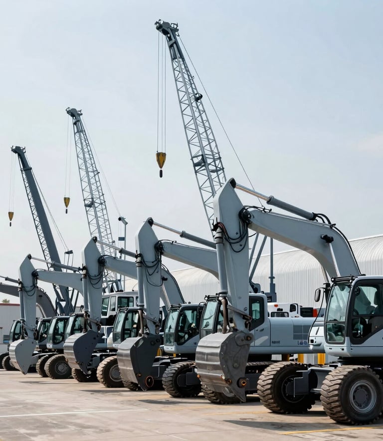 A wide shot of a neatly organized row of heavy construction machinery, including cranes and backhoes, at a dealership in the North American region. Sharp focus, daylight, clean and professional composition with light blue-grey tones.