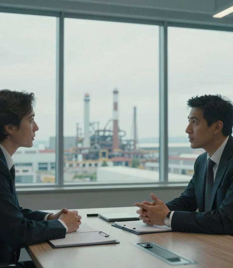 A professional business meeting between two experts discussing equipment specifications in a modern office with large windows overlooking a North American industrial center. Soft, diffused lighting. Muted blue-green and light blue-grey color palette.